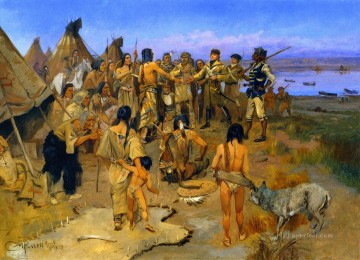 Lewis y Clark conociendo a los indios mandan 1897 Charles Marion Russell Indios Americanos Pinturas al óleo
